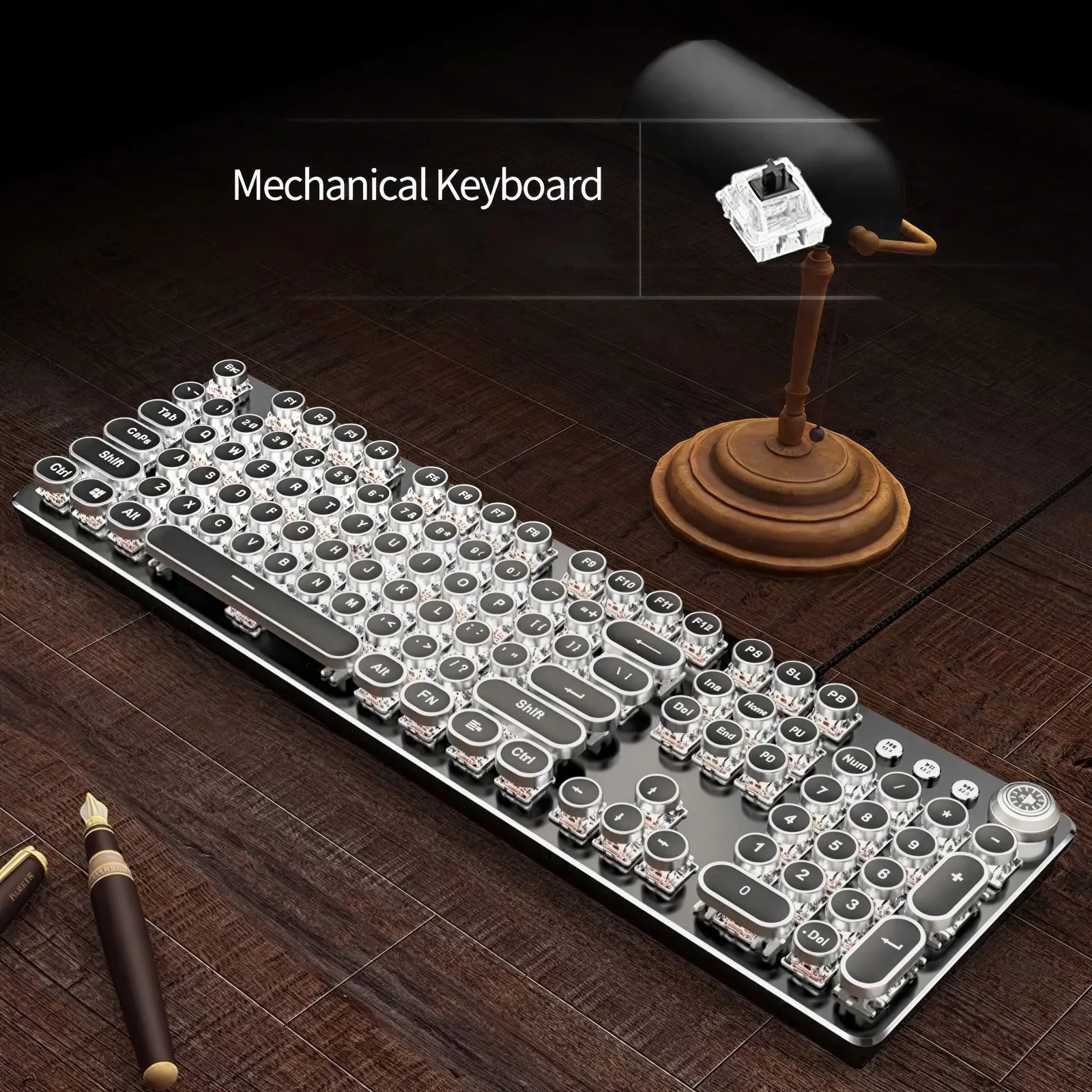 Wired Steampunk Keyboard Black Switch Retro Punk 104 Key Round Keycaps