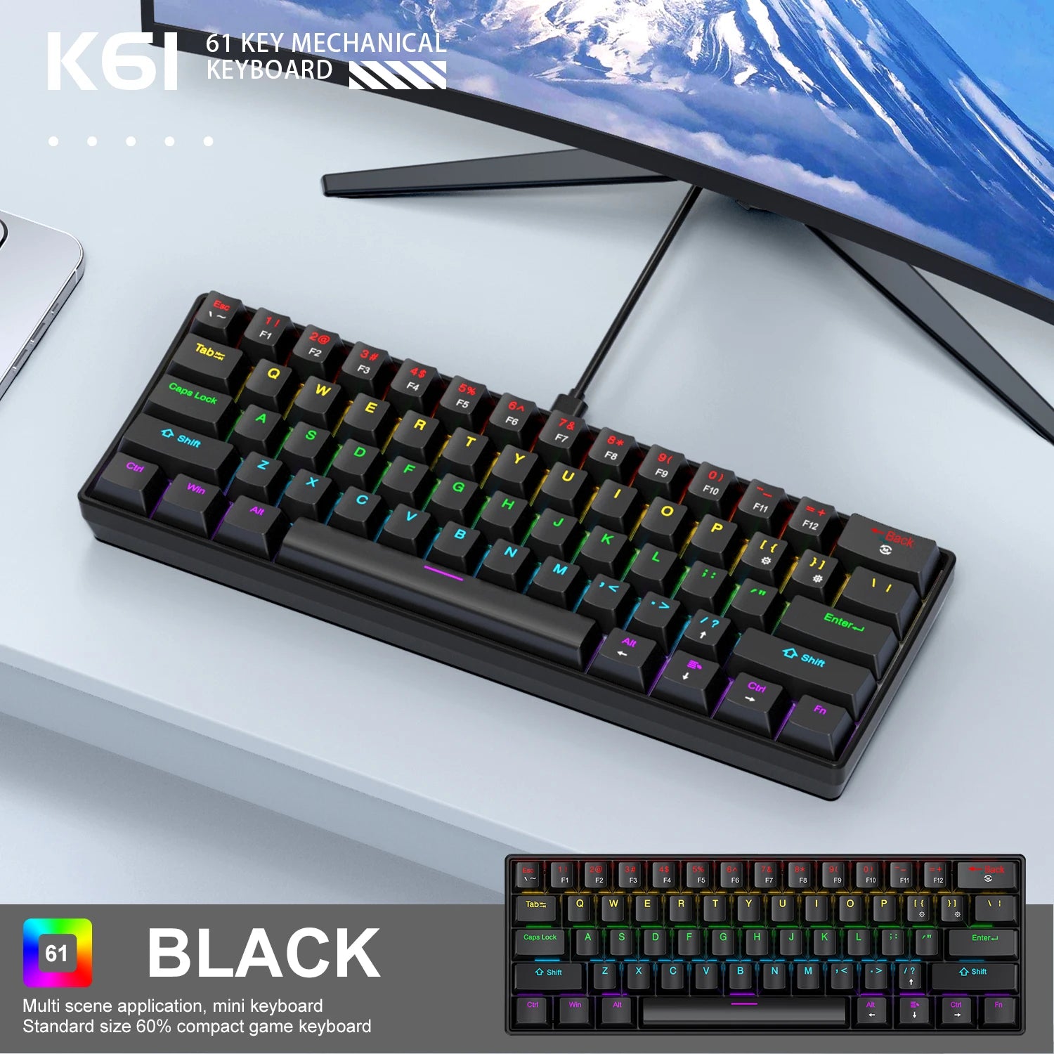 60%, APAYADO K61 Mini Mechanical Keyboard, Wired, 61 Keys, Phantom RGB