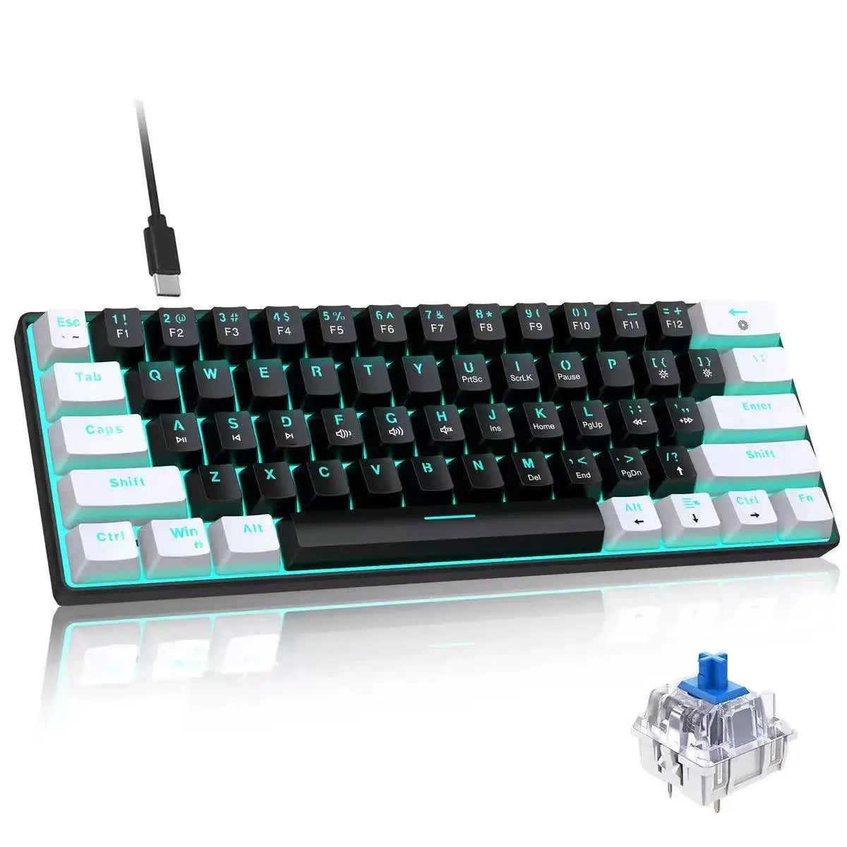 60%, Mechanical Keyboard, Gaming Keyboard With Blue Switches And Sea Blue Backlit Small Compact