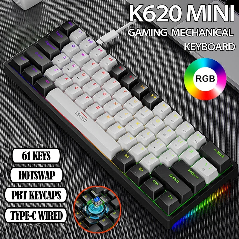 60%, K620 Mini Gaming Mechanical Keyboard 61 Keys RGB Hotswap Type-C Wired