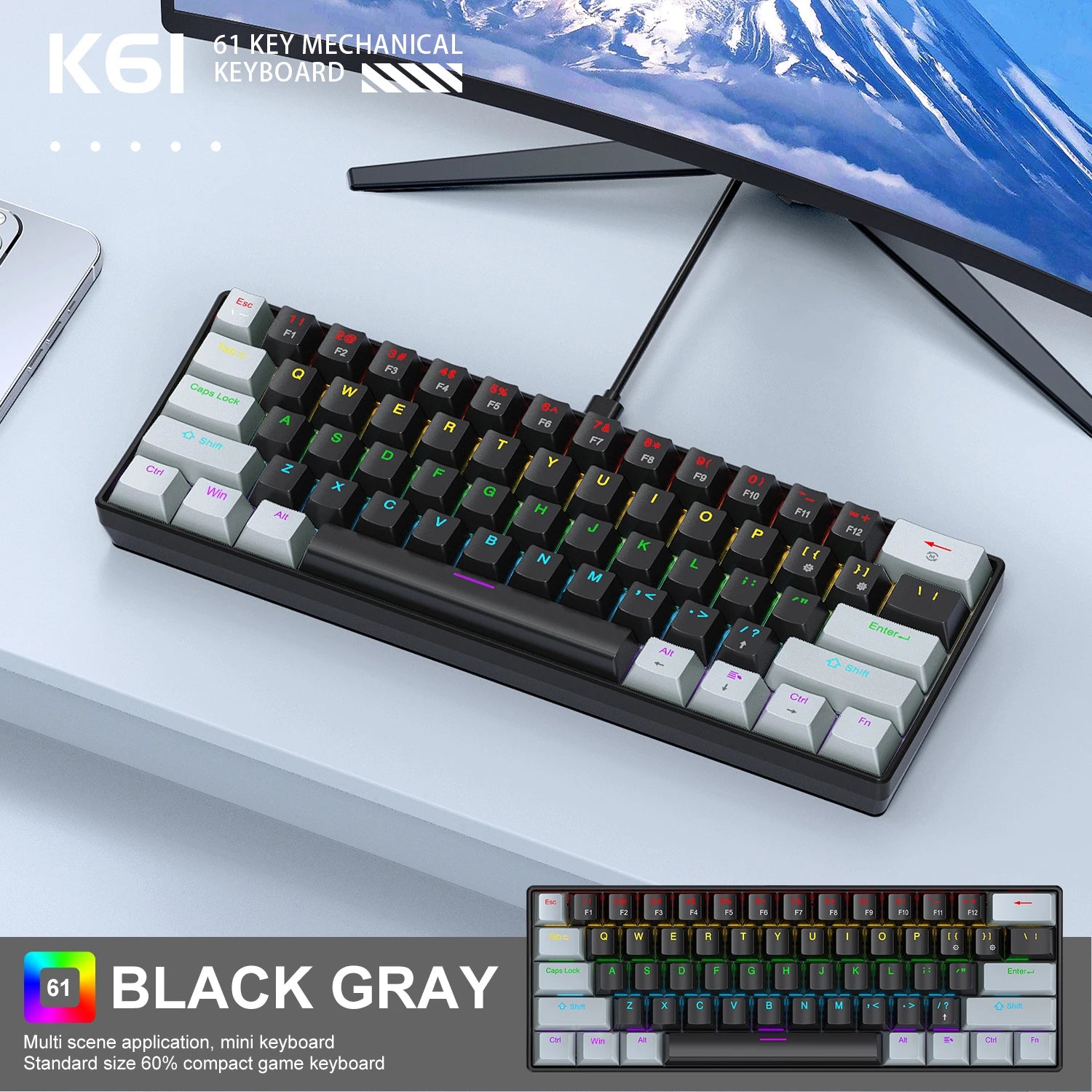 60%, APAYADO K61 Mini Mechanical Keyboard, Wired, 61 Keys, Phantom RGB