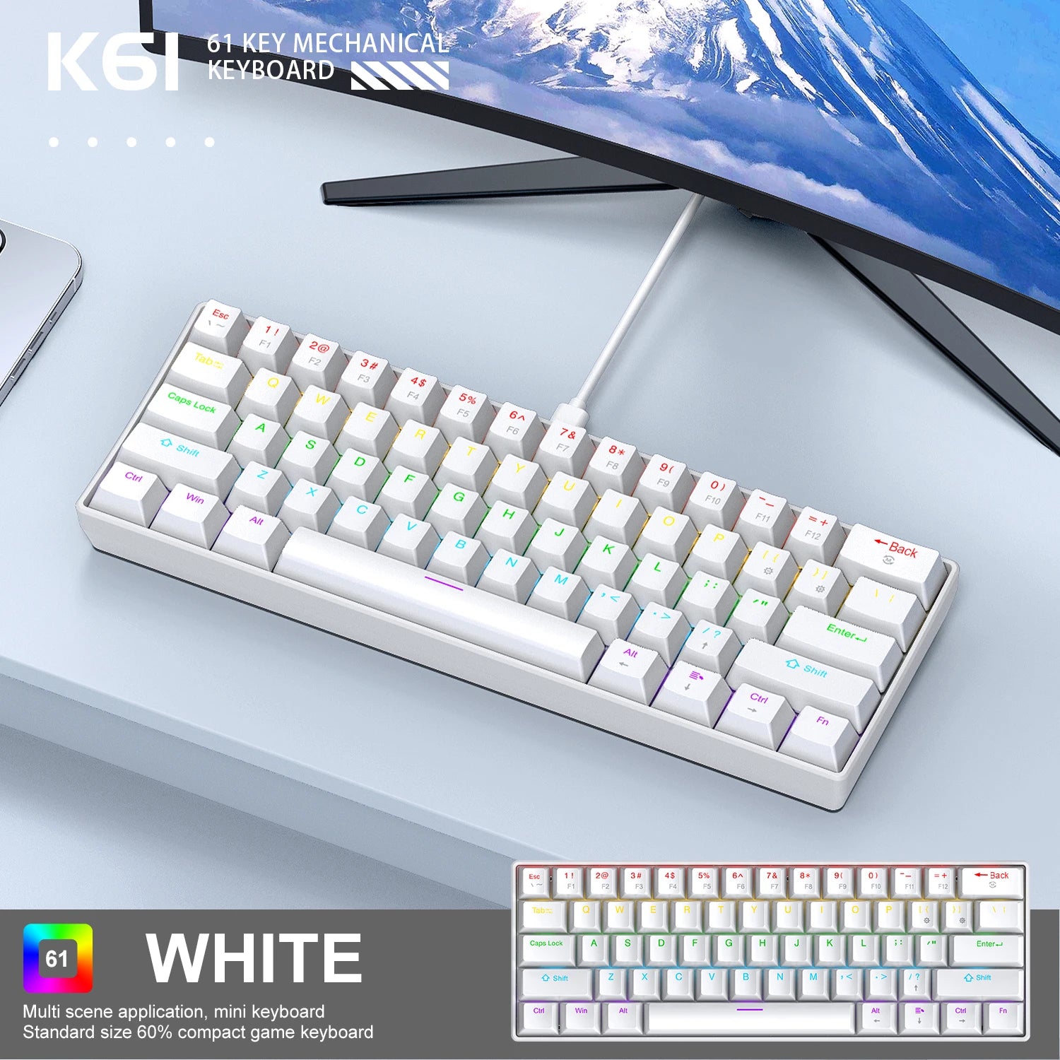 60%, APAYADO K61 Mini Mechanical Keyboard, Wired, 61 Keys, Phantom RGB