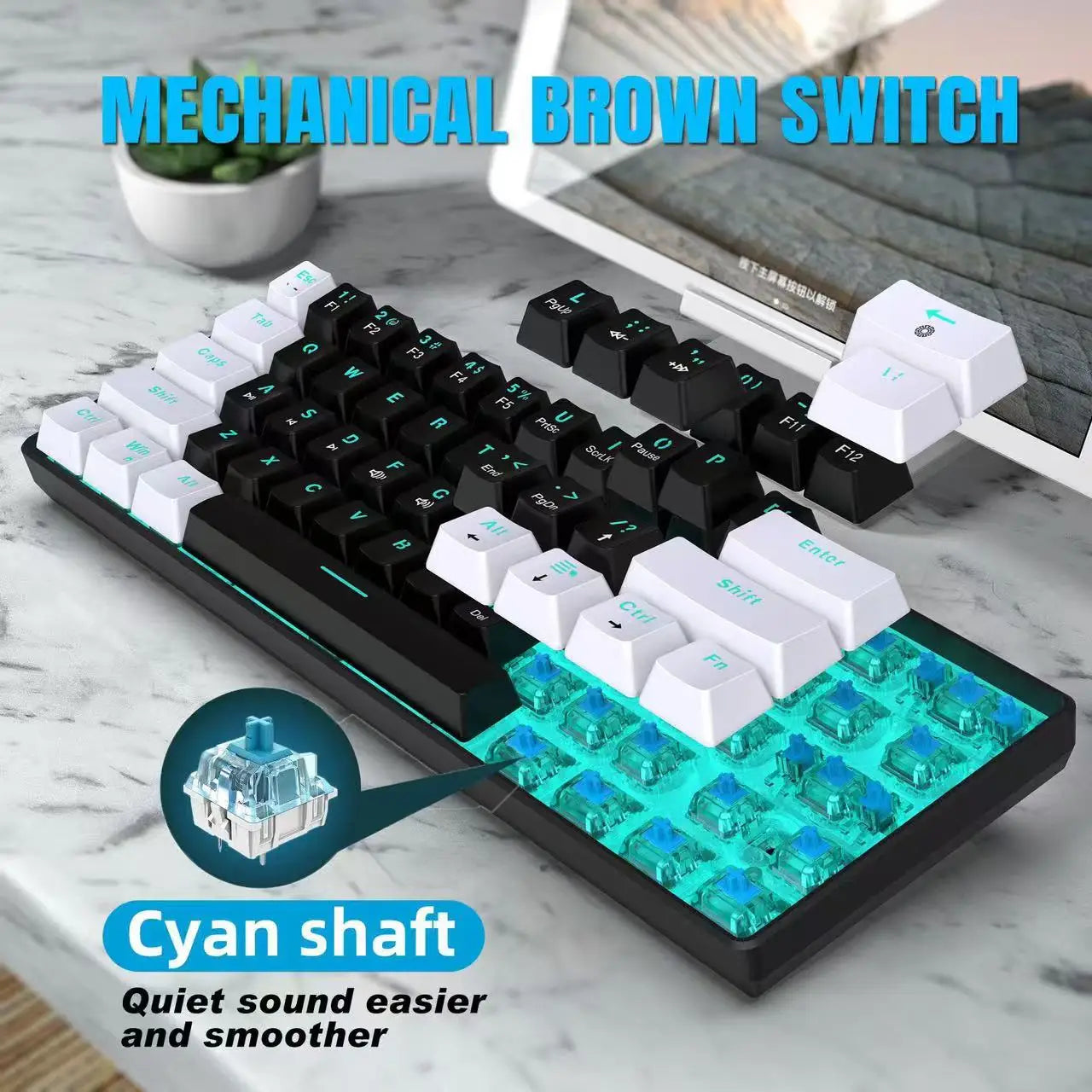 60%, Mechanical Keyboard, Gaming Keyboard With Blue Switches And Sea Blue Backlit Small Compact