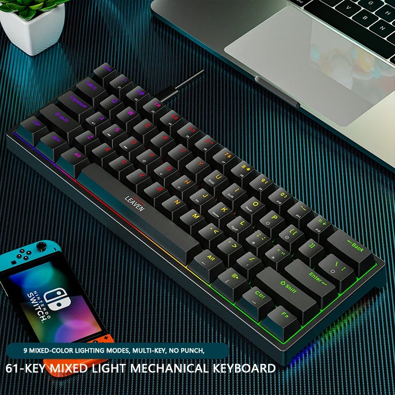 60%, K620 Mini Gaming Mechanical Keyboard 61 Keys RGB Hotswap Type-C Wired