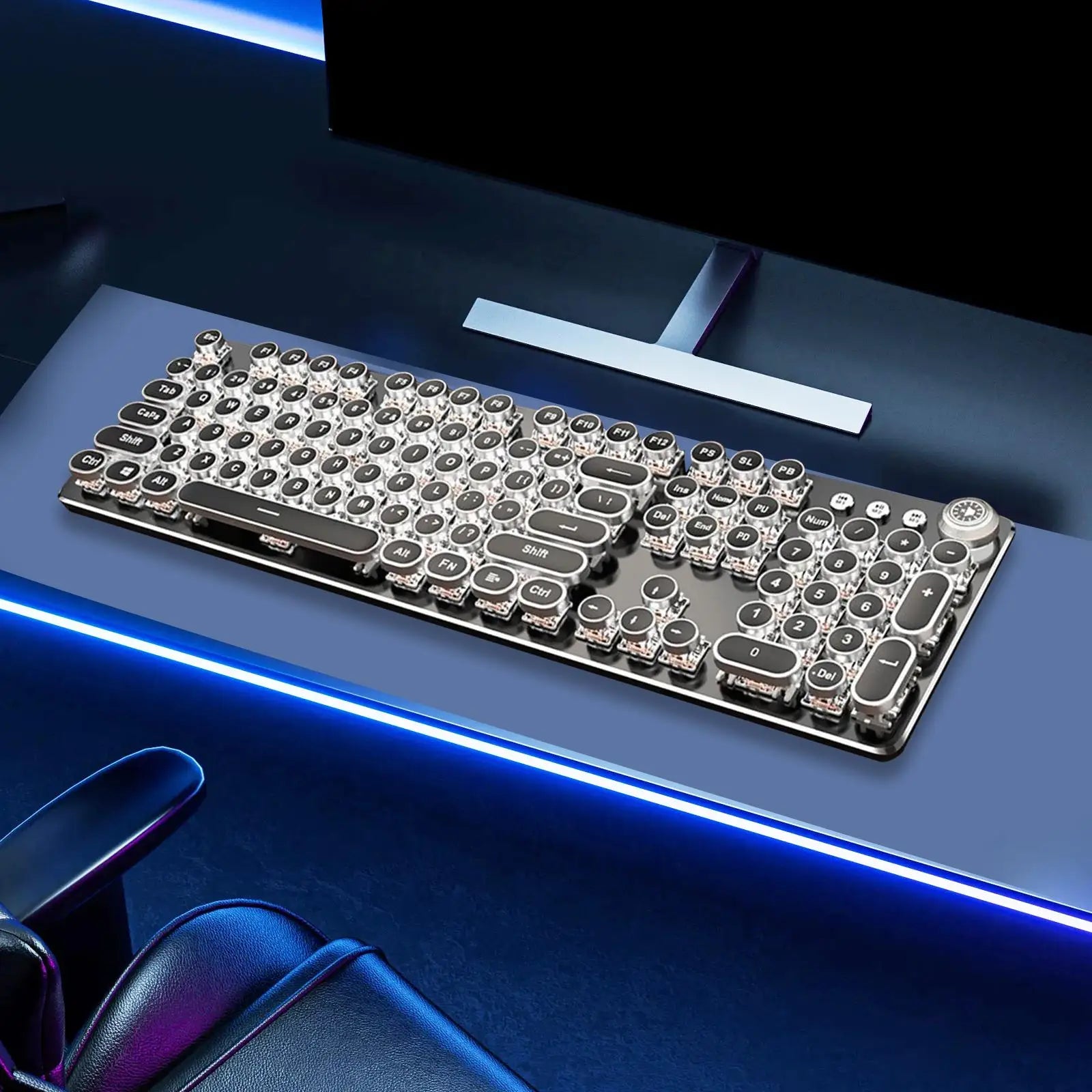 Wired Steampunk Keyboard Black Switch Retro Punk 104 Key Round Keycaps