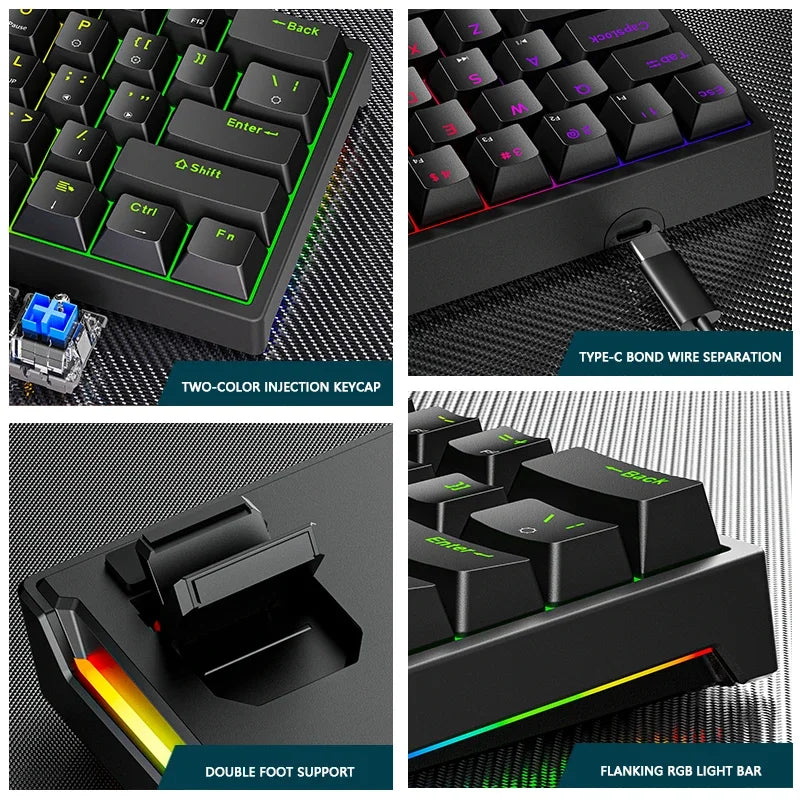 60%, K620 Mini Gaming Mechanical Keyboard 61 Keys RGB Hotswap Type-C Wired