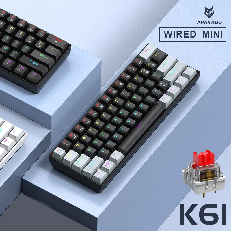 60%, APAYADO K61 Mini Mechanical Keyboard, Wired, 61 Keys, Phantom RGB