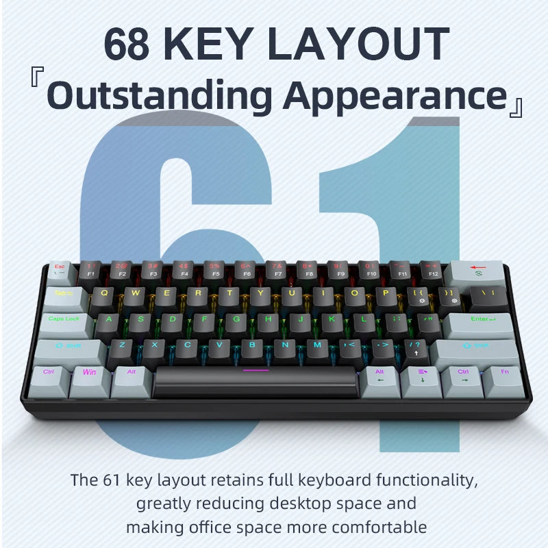 60%, APAYADO K61 Mini Mechanical Keyboard, Wired, 61 Keys, Phantom RGB