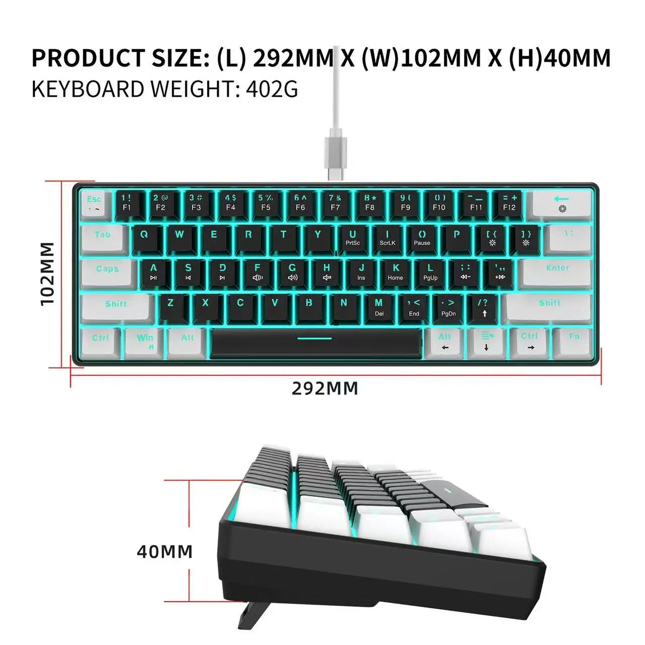 60%, Mechanical Keyboard, Gaming Keyboard With Blue Switches And Sea Blue Backlit Small Compact