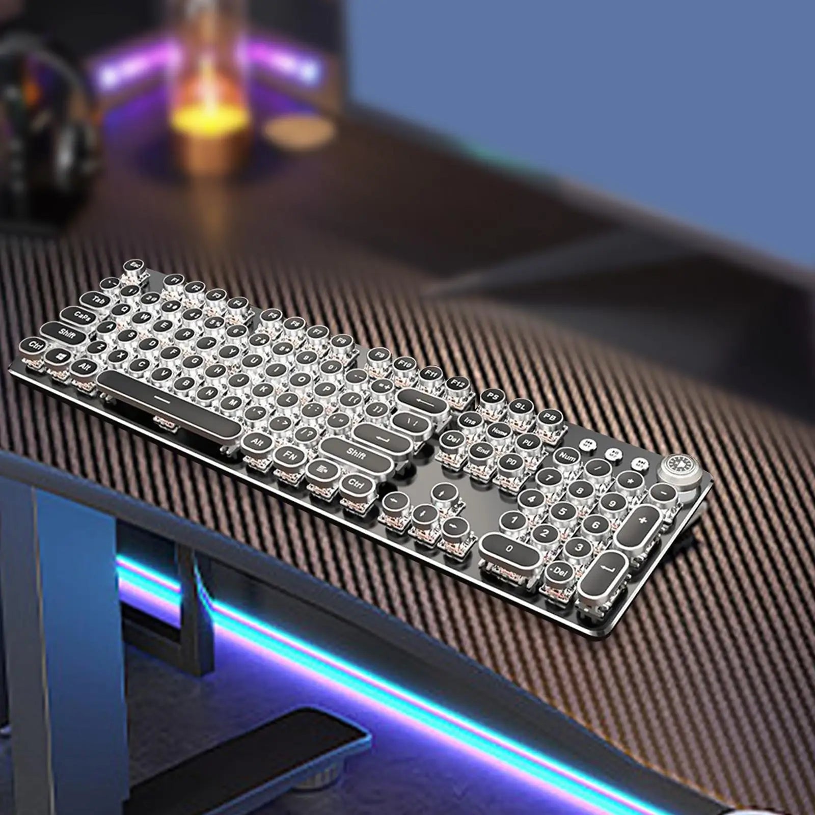 Wired Steampunk Keyboard Black Switch Retro Punk 104 Key Round Keycaps