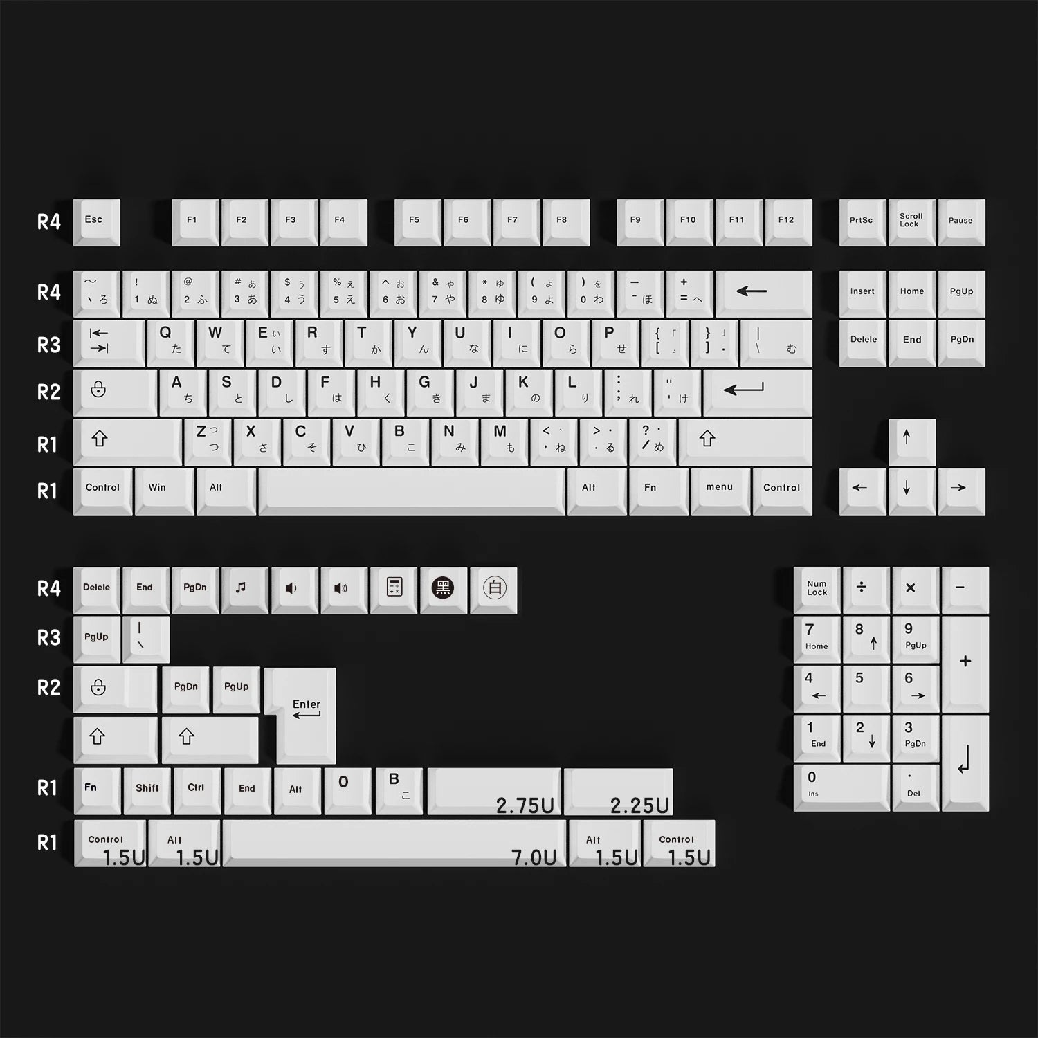 PBT 125 Keys Black White Japanese Keycaps