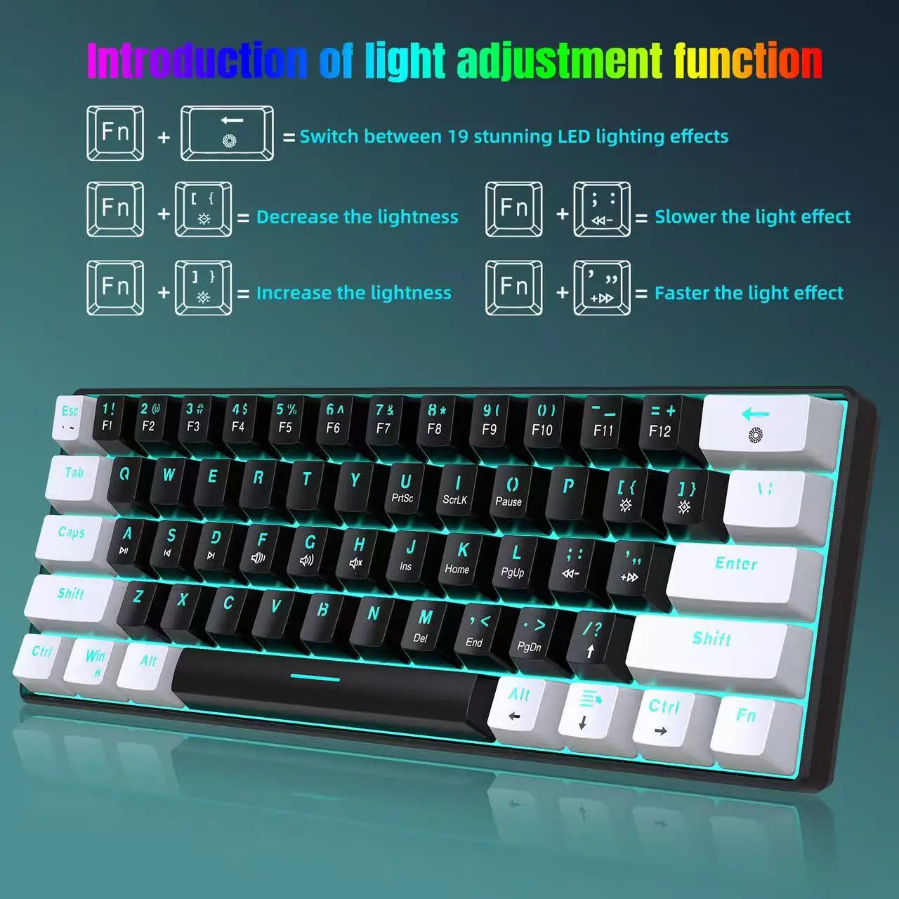60%, Mechanical Keyboard, Gaming Keyboard With Blue Switches And Sea Blue Backlit Small Compact